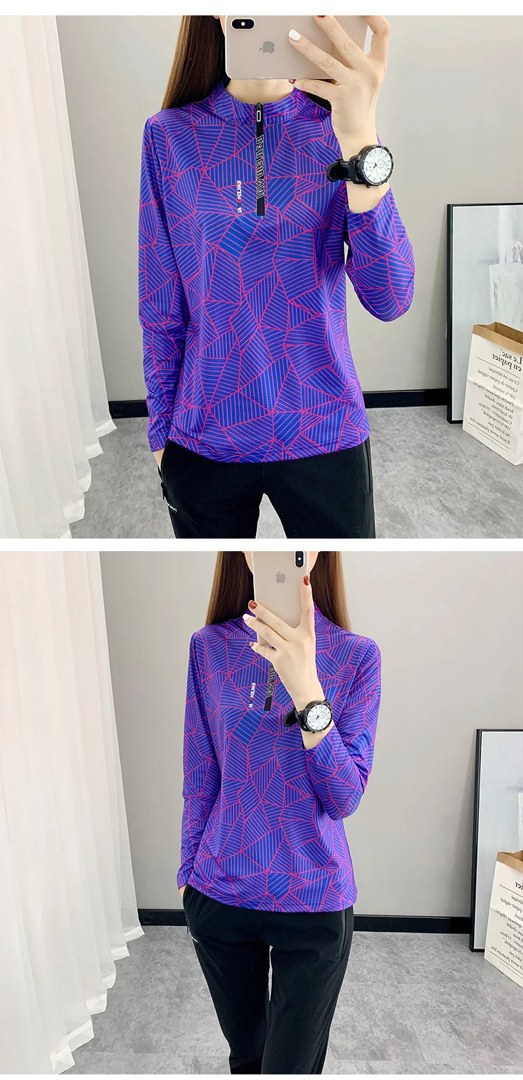 Outdoor Running Long Sleeve T-shirt Women Hiking Breathable Sport Sweatshirt Elasticity Camping Mom Quick Dry Fashion Print Top