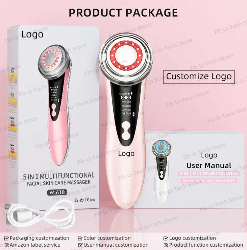 EMS Facial Massager LED Light therapy Sonic Ion Vibration Skin Tightening Face Lifting Anti Wrinkle Beauty Device Skin Care Tool