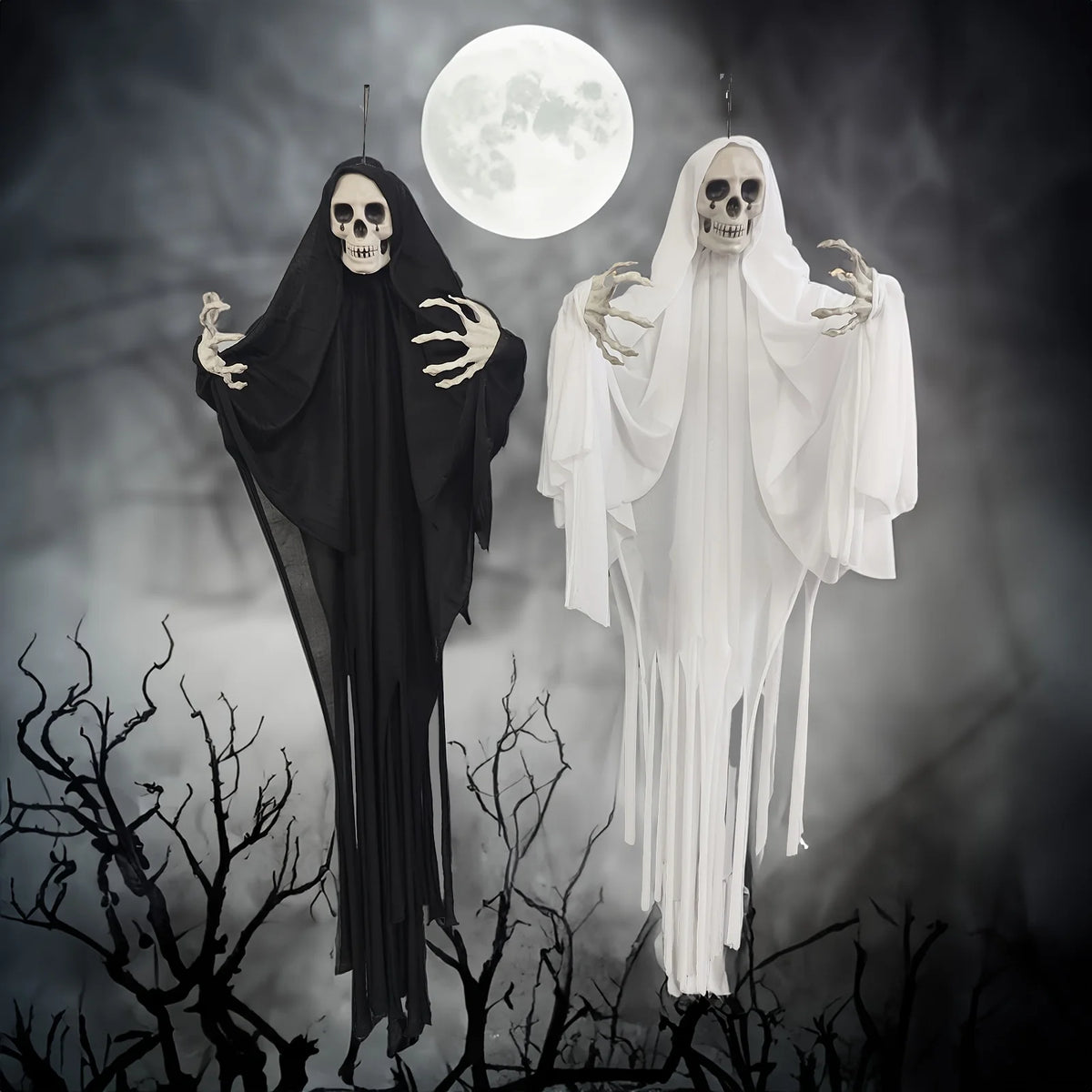 Classic Horror Ghost Doll Hanging Decorations for Halloween - Large Plastic and Fabric Spooky Skeleton Phantom Outdoor Pendants