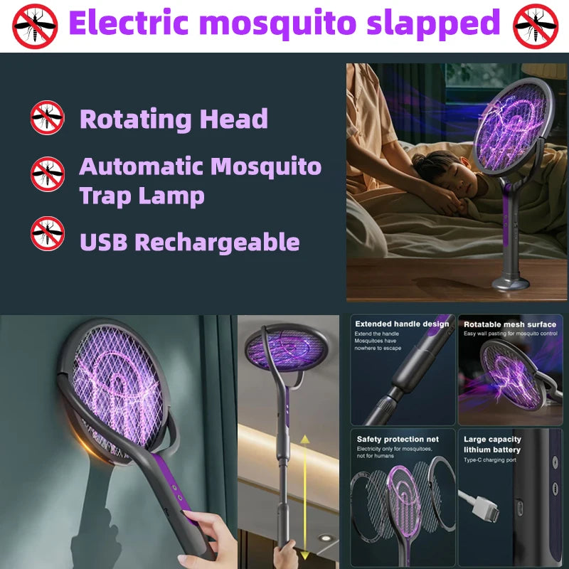 Rotating Head Electric Fly Swatter USB Rechargeable Mosquito Killer Multi Functional Electronic Flyswatter Trap Lamp for Flies