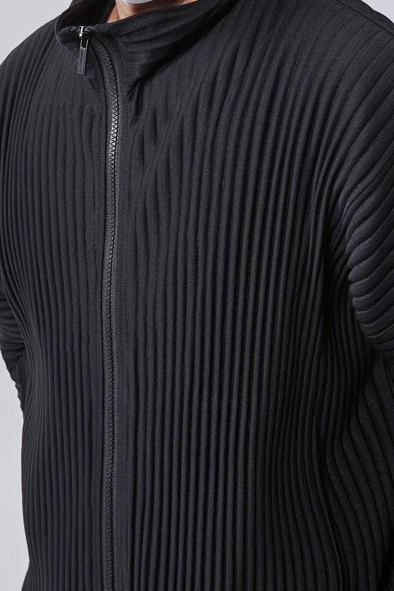 Miyake Men's Pleated Jacket Long Sleeve Standing Collar Fold Jacket Coat High Collar Zip Sweatshirt 2025 Spring Summer New Tops