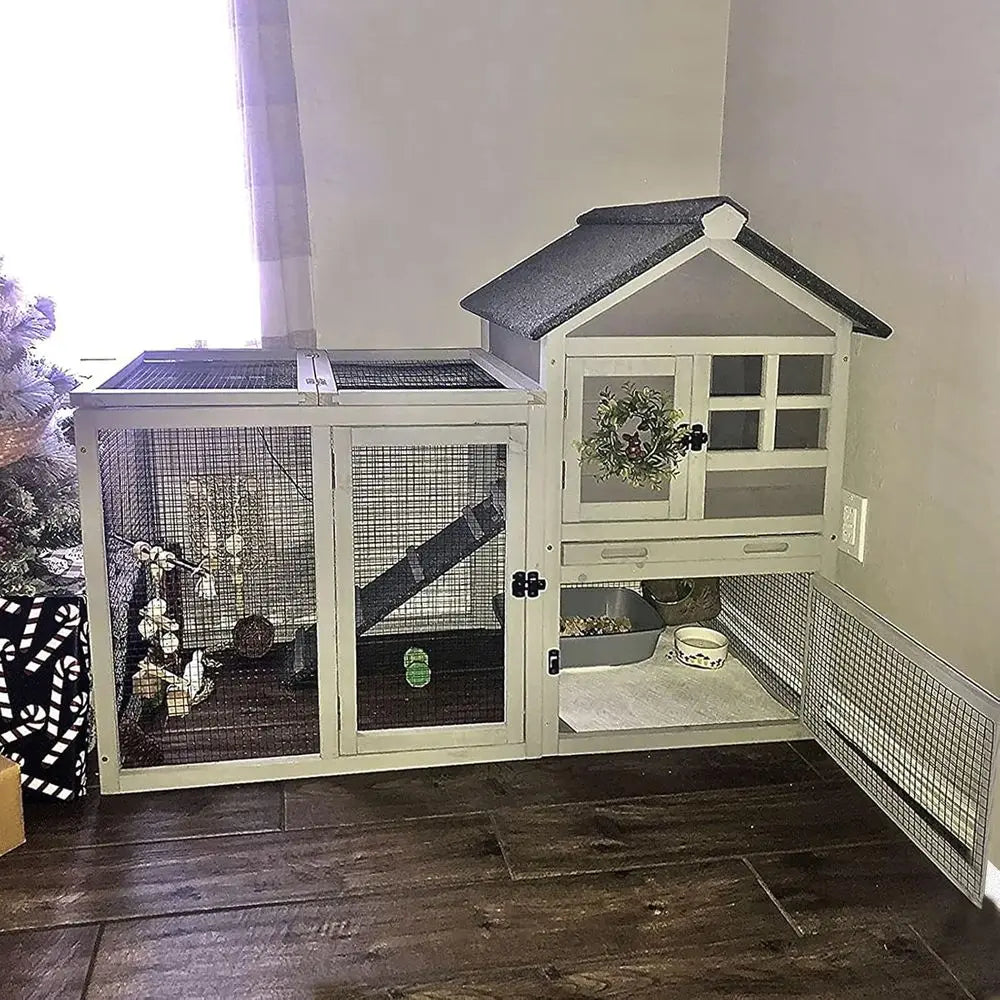 Large Outdoor Indoor Rabbit Hutch with Pull-Out Tray for Chickens, Bunnies, and Guinea Pigs (51.6L x 25.2W x 36.2H, Grey)