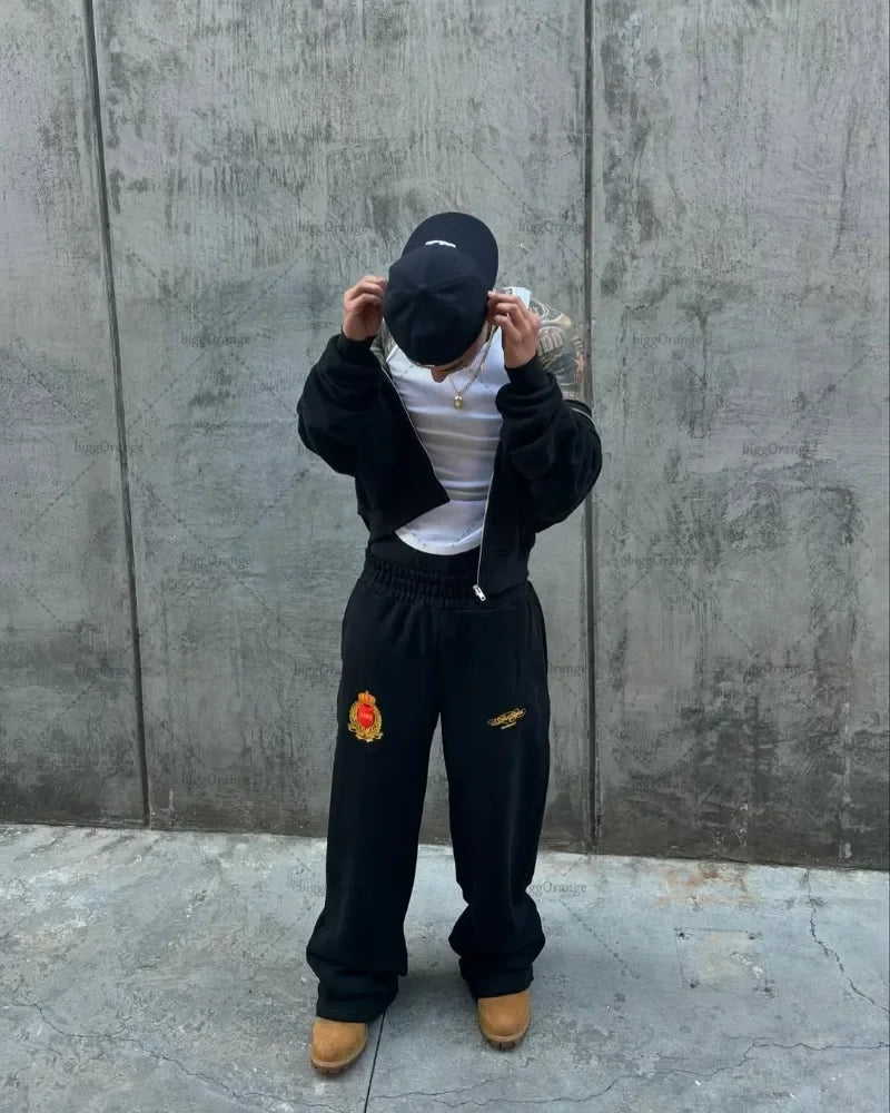 Hoodie Men American Hip Hop Casual Sweatshirt Harajuku Retro Fashion Street Clothing Pants Classic Letter Print Zipper Set