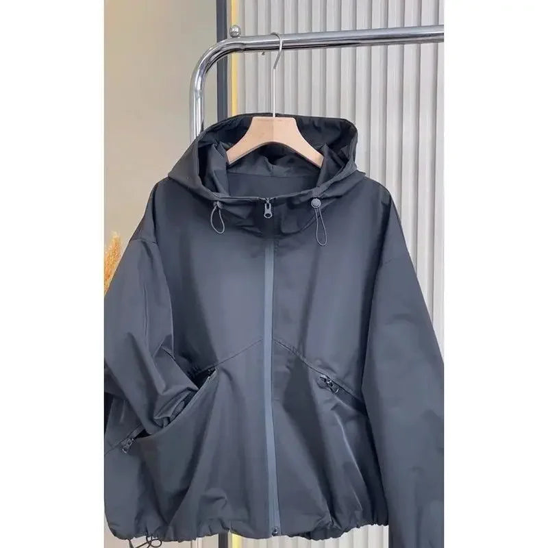 Korean black jacket jacket women's spring and summer new high-end fashion design temperament casual hooded jacket top.
