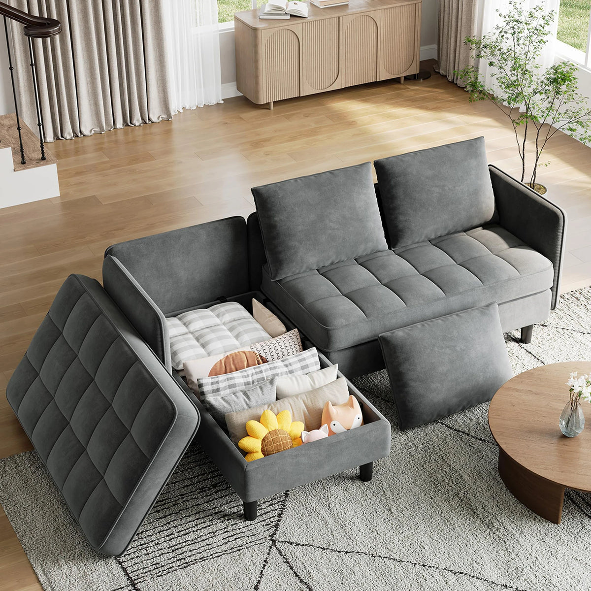 Chenille L-Shaped Sectional Sofa with Storage Ottoman