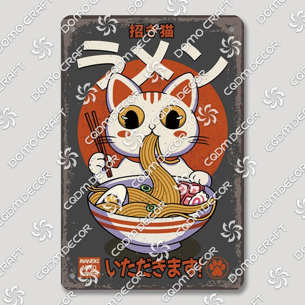Cartoon Cat Japanese Food Plaque Tin Sign Retro Ramen Sushi Takoyaki Poster Metal Plates Bar Pub Restaurant Kitchen Wall Decor