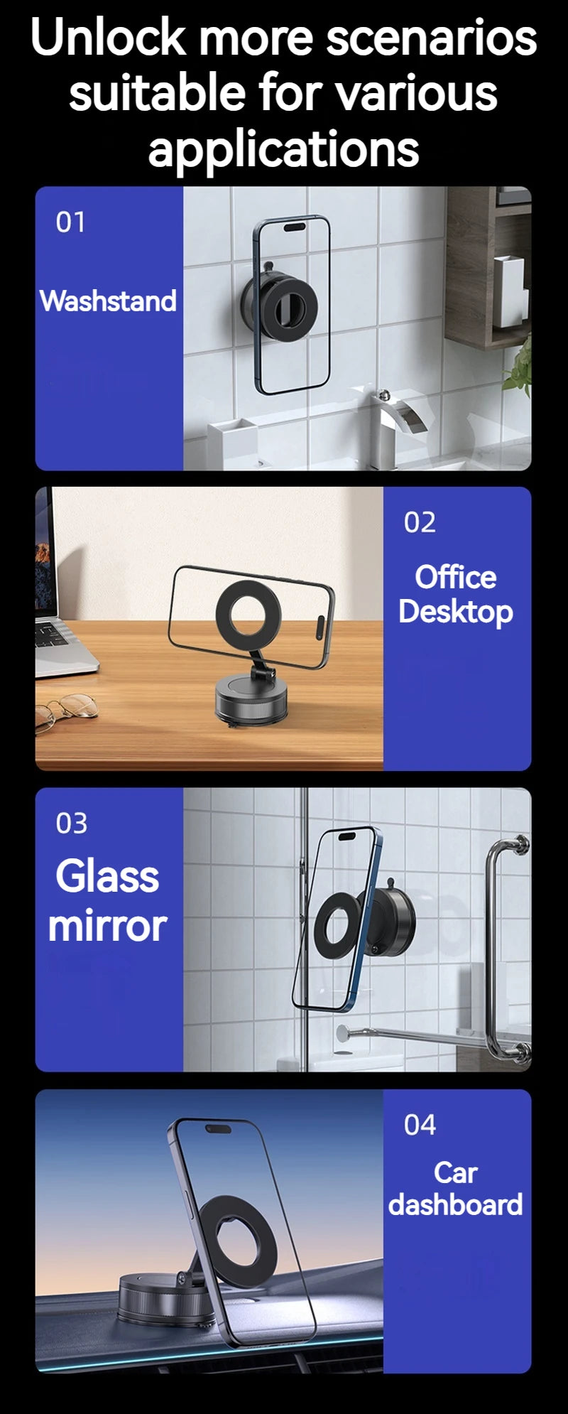 Foldable and Rotatable Metal Vacuum Suction Magnetic Car Holder Suitable for Kitchen Bath Gym Compatible with All Mobile Phones