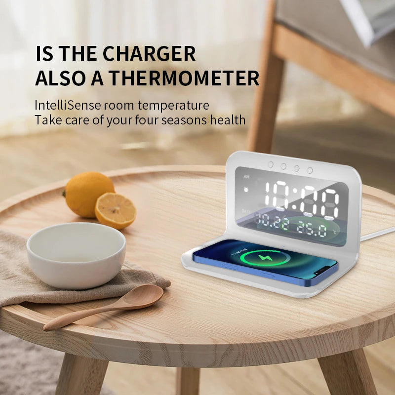 Wireless Charger Pad Stand with Alarm Clock Thermometer for iPhone 14 13 12 11 X Xiaomi Samsung 15W Phone Fast Charging Station