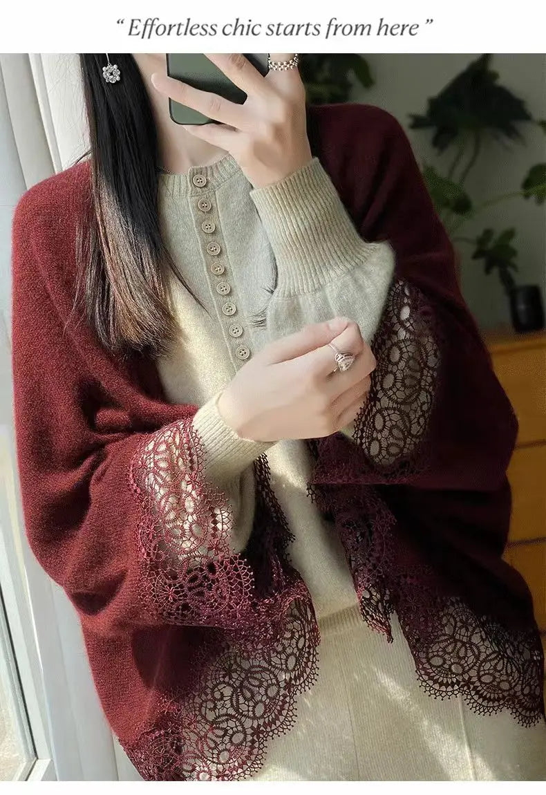 Popular Lace Edge 100% Wool Knitted Shawl Spring Autumn Thin Women's Soft, Skin friendly, Breathable, and Fashionable Cardigan