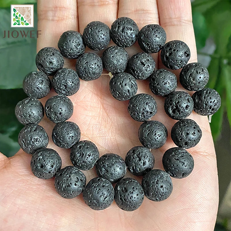 Natural Black Volcanic Lava Stone Round Loose Beads For