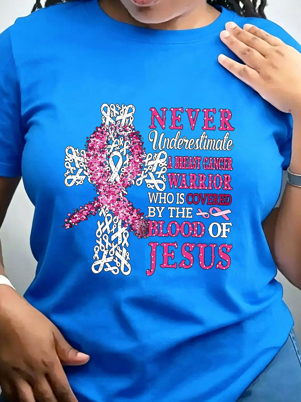 Women's Trendy Crew Neck T-Shirt Pink Ribbon Breast Cancer