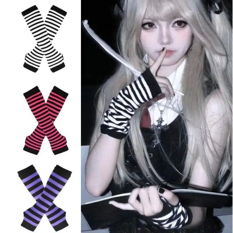 Y2K Gothic Lolita Gloves Black Striped Fingerless Arm Cover