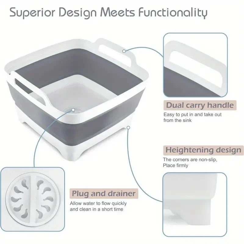 2.4 Gal(9L) Collapsible Dish Basin with Drain Plug, Space Saving Outdoor Multiuse Foldable Sink Tub, Dishpan, Kitchen Storage