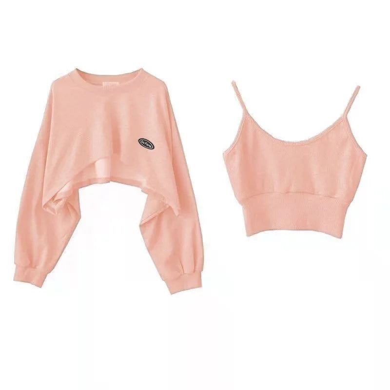 Oversized Crop Sweatshirt and Spaghetti Strap Top Women's Streetwear 2 Piece Set 4 Color Options Sweatshirts Kpop Casual Clothes