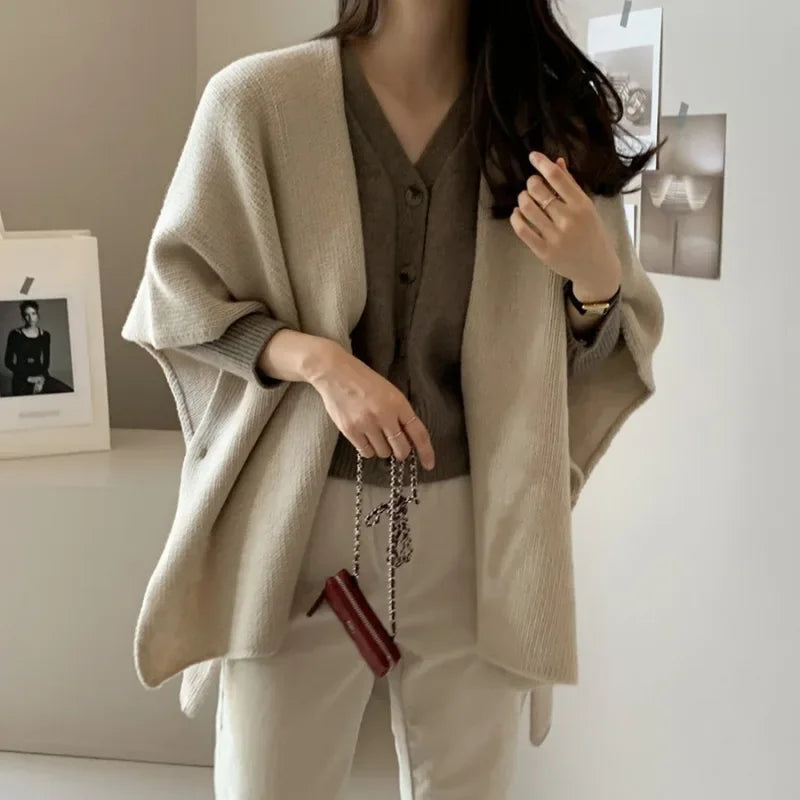 Korean Style Knitted Shawl Jacket Women's Casual Warm Knitted Cardigan Cloak Elegant Solid Color Women's Knitted Cardigan