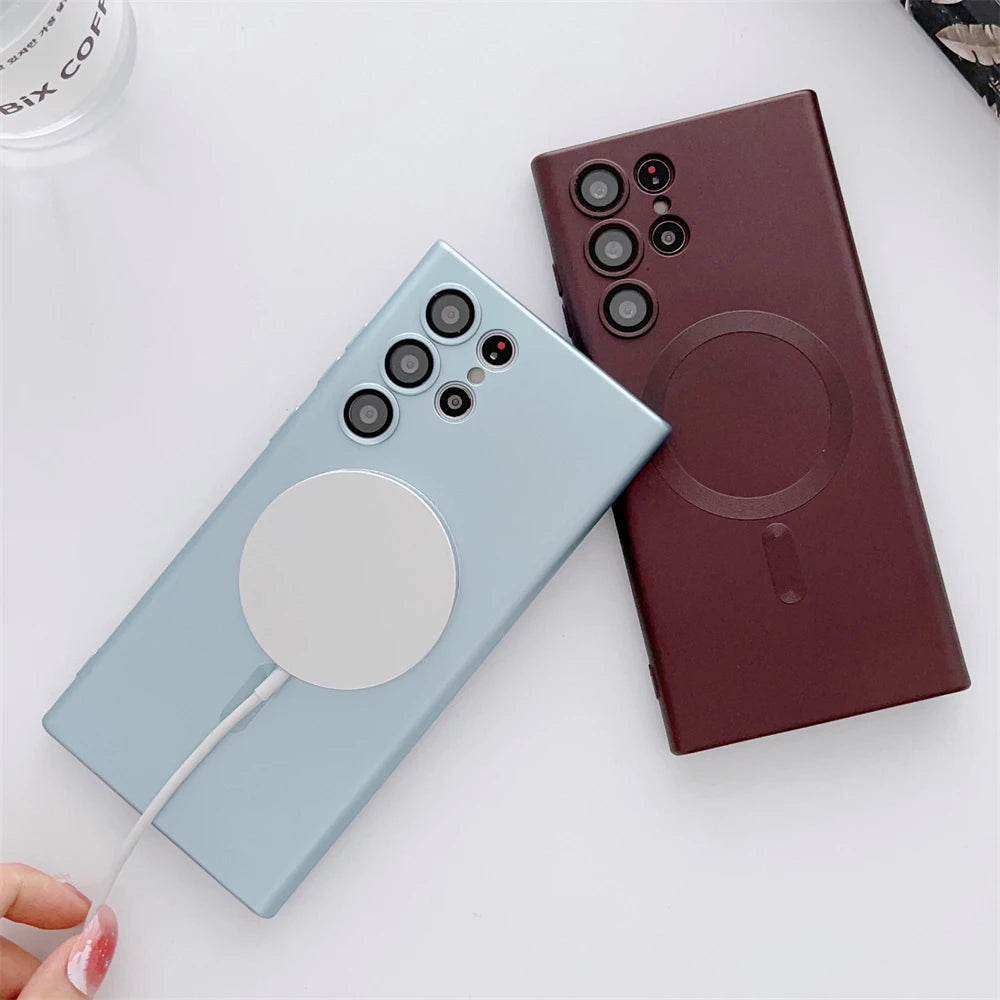 Metal Matte For Magsafe Magnetic Wireless Charger Case for Samsung S25 S24 S23 Ultra S22 Plus S21 Shockproof Soft Silicone Cover