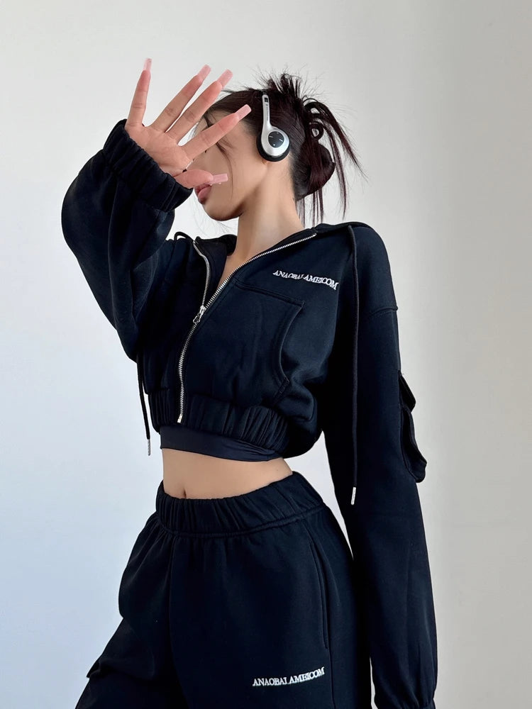 WOMENGAGA Short Zipper Sweatshirt Large Pocket Wide Leg Pants Two Piece Casual Plush Set For Winter Women Fashion Sweet 2PTB