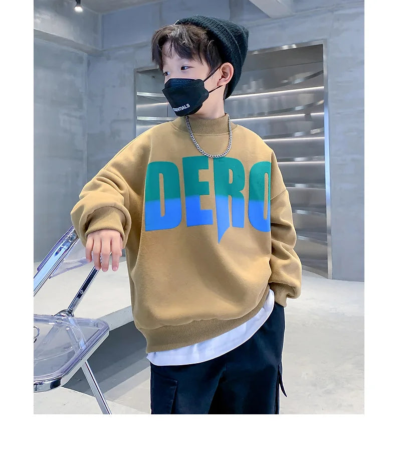 Winter Boys Warm Fleece Lined Half Turtleneck Alphabet Sweatshirt School Kids Track Pullover Coat Tops Child Work Jumper 3-16Yrs