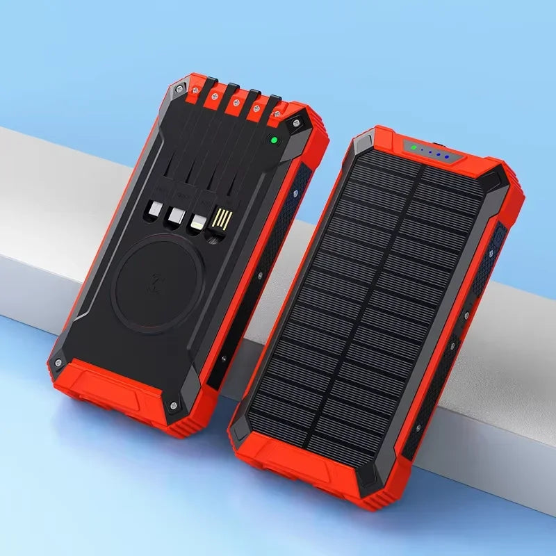 New Solar Power Bank 20000mAh Mobile Power Fast Charging Battery multifunctional With 4 Cables Wireless Charger LED Flashlight