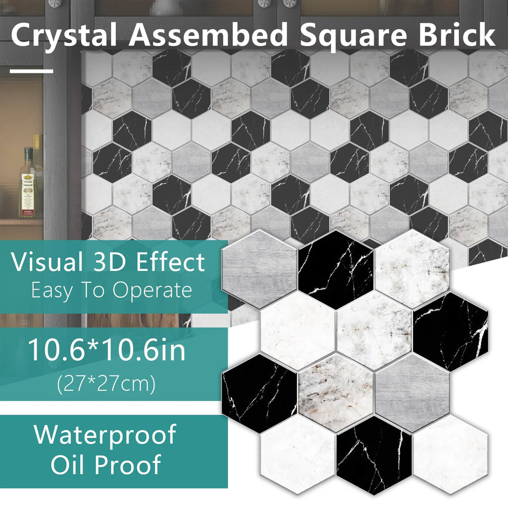 5 Styles Flat Hexagon Marble Embossing Tile Wall Stickers Oil-Proof Kitchen & Bathroom Washbasin Glossy Surface Decorative Mural
