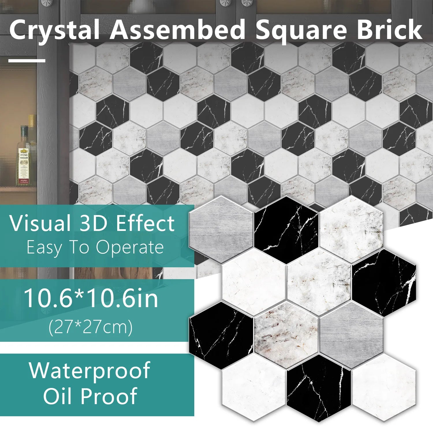 5 Styles Flat Hexagon Marble Embossing Tile Wall Stickers Oil-Proof Kitchen & Bathroom Washbasin Glossy Surface Decorative Mural