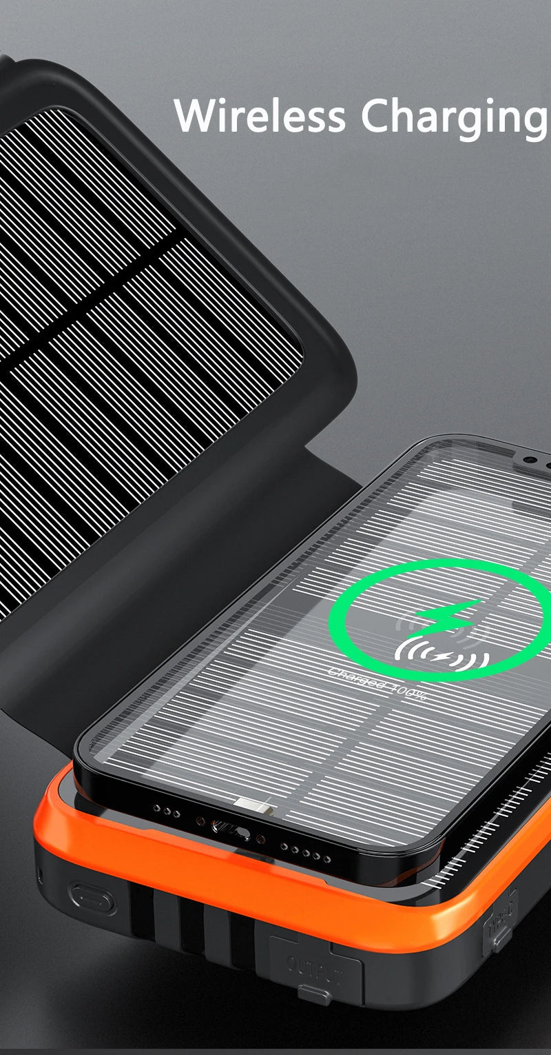 43800mAh Solar Power Bank Quick Wireless Charger External Battery Pack PD 20W Powerbank Built Cables LED Light for iPhone Xiaomi