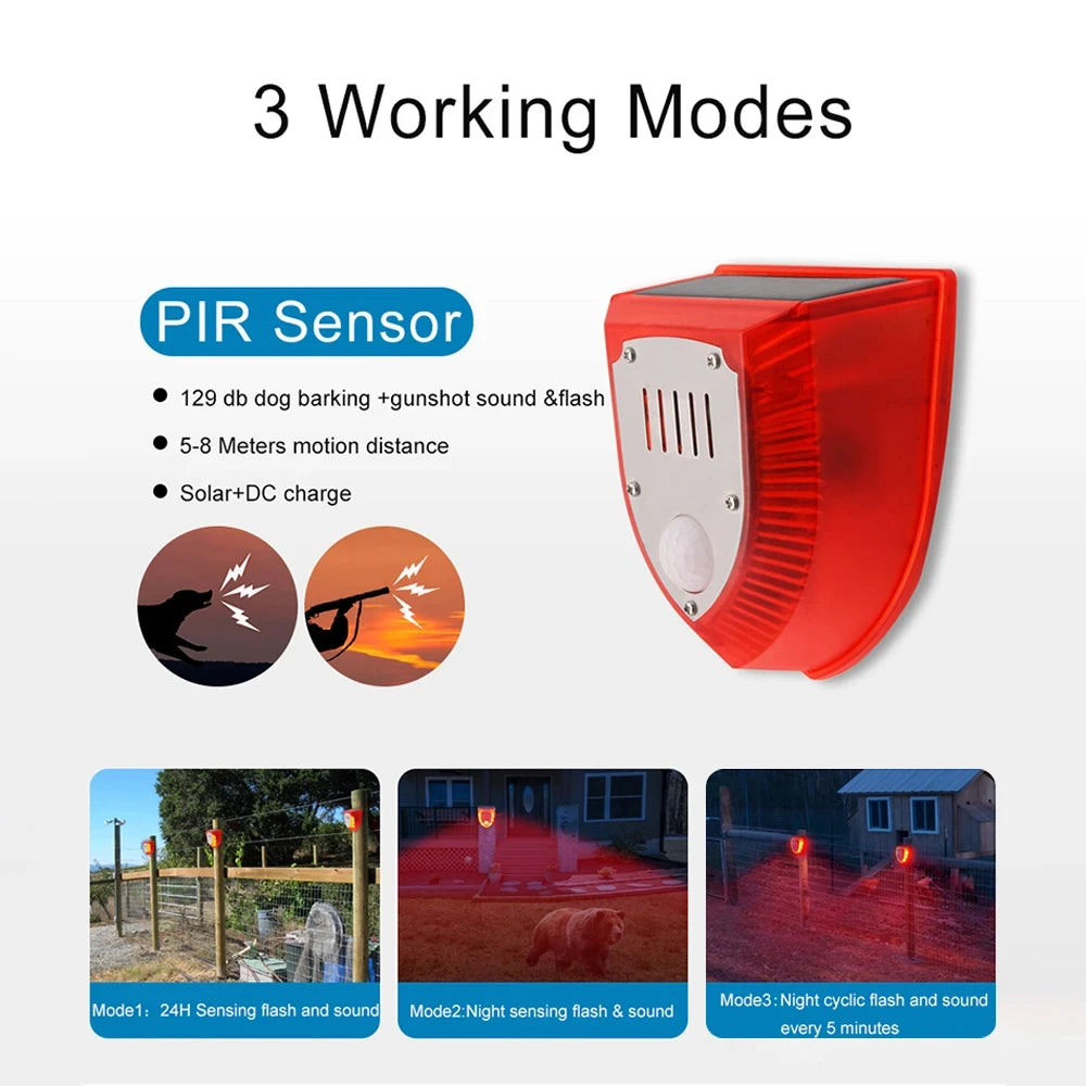 Solar Motion Sensor Alarm 129dB Siren 125° Detection 5-8m Range Weatherproof for Home Shed Garage Security Outdoor Protection