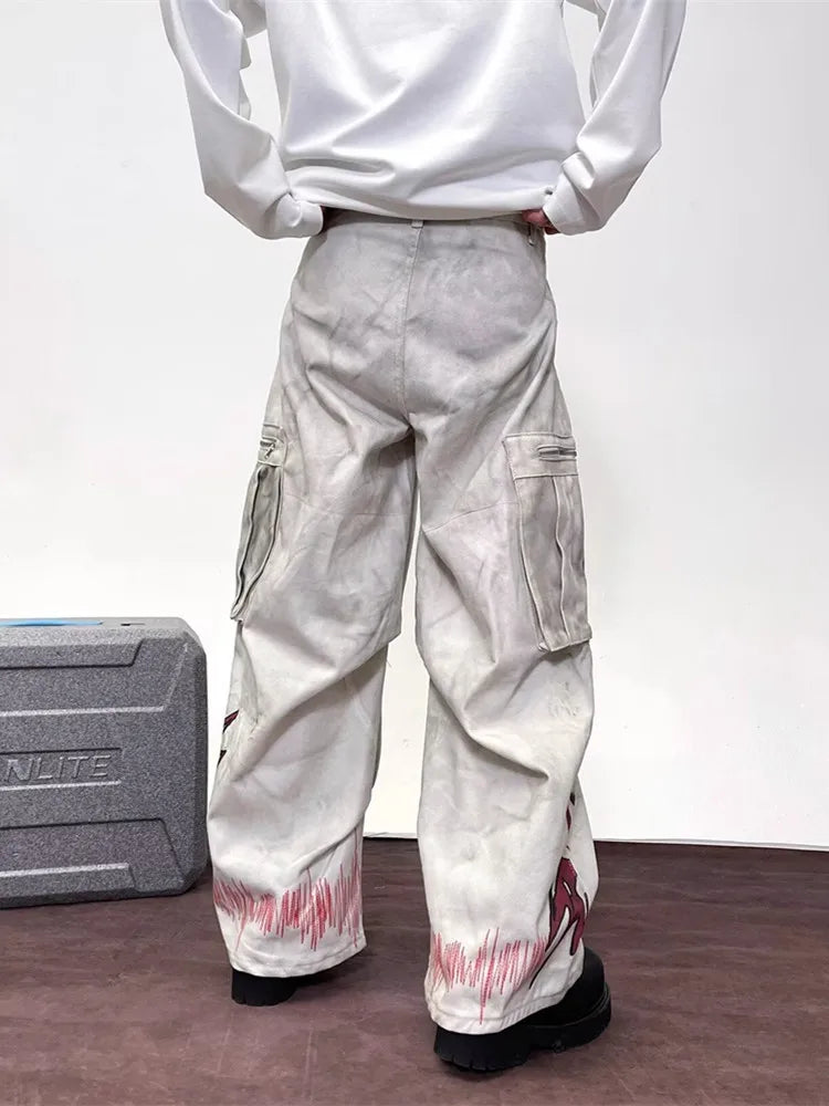 Cyber Y2K Streetwear Dirty Washed White Baggy Cargo Jeans Pants