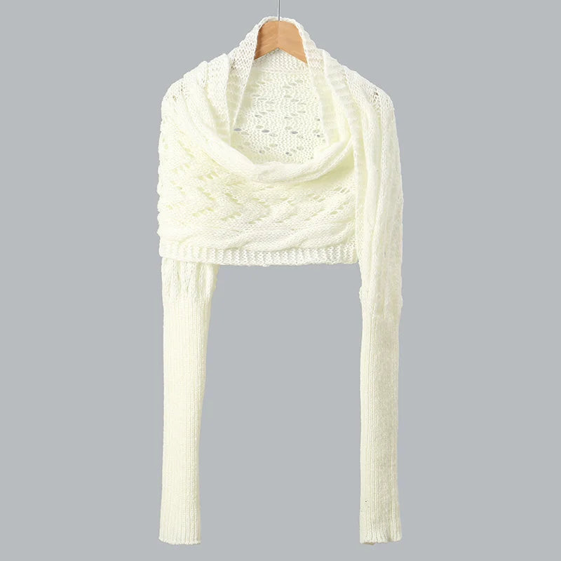 Woman Knitted Shawl Scarf With Long Sleeve Autumn Winter Outdoor Warm Soft Windproof Hollow Out Crop Top Shawl Scarf 210*33cm