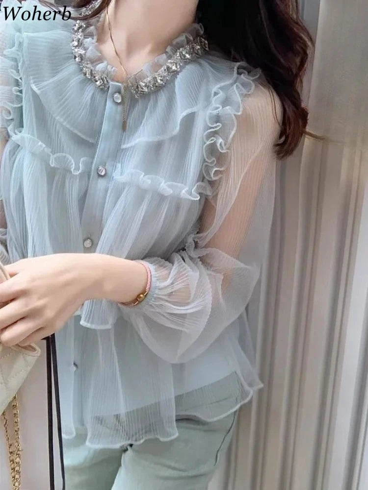 Sweet Ruffled Women Shirts 2026 Camisas De Mujer Long Sleeve Loose Blouses Vintage Single Breasted Pleated Chic Korean Blouse