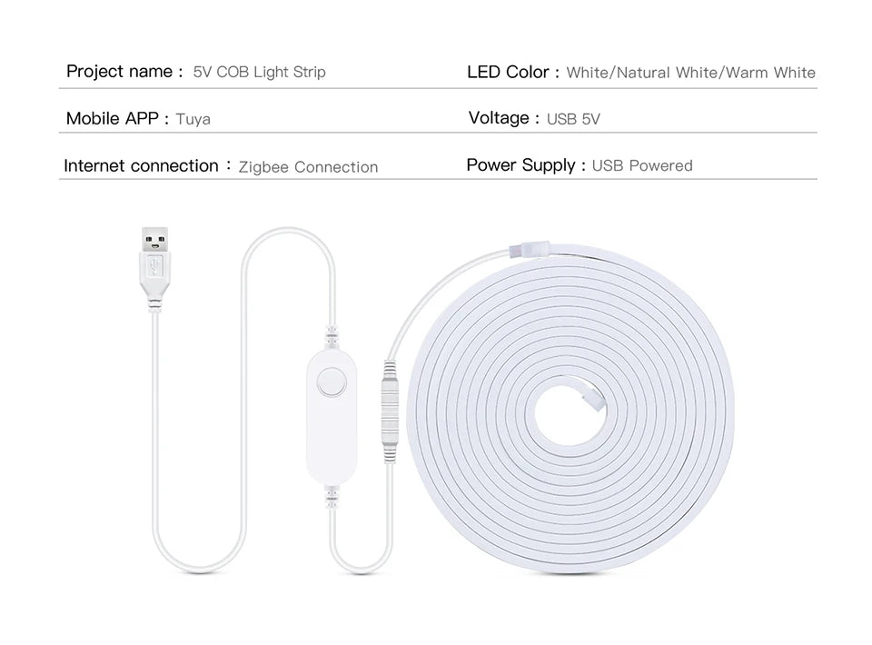 ZigBee Wifi COB LED Strip Smart Tuya Alexa Lights USB 5V Dimmable Neon LED Tape With LED Dimmer Controller Room Kitchen Decor