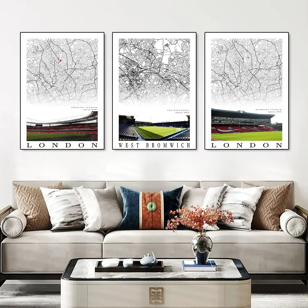 Football Poster Clubs Map Liverpool Manchester Football Stadium Poster Wall Art Canvas Painting for Living Room Home Decor