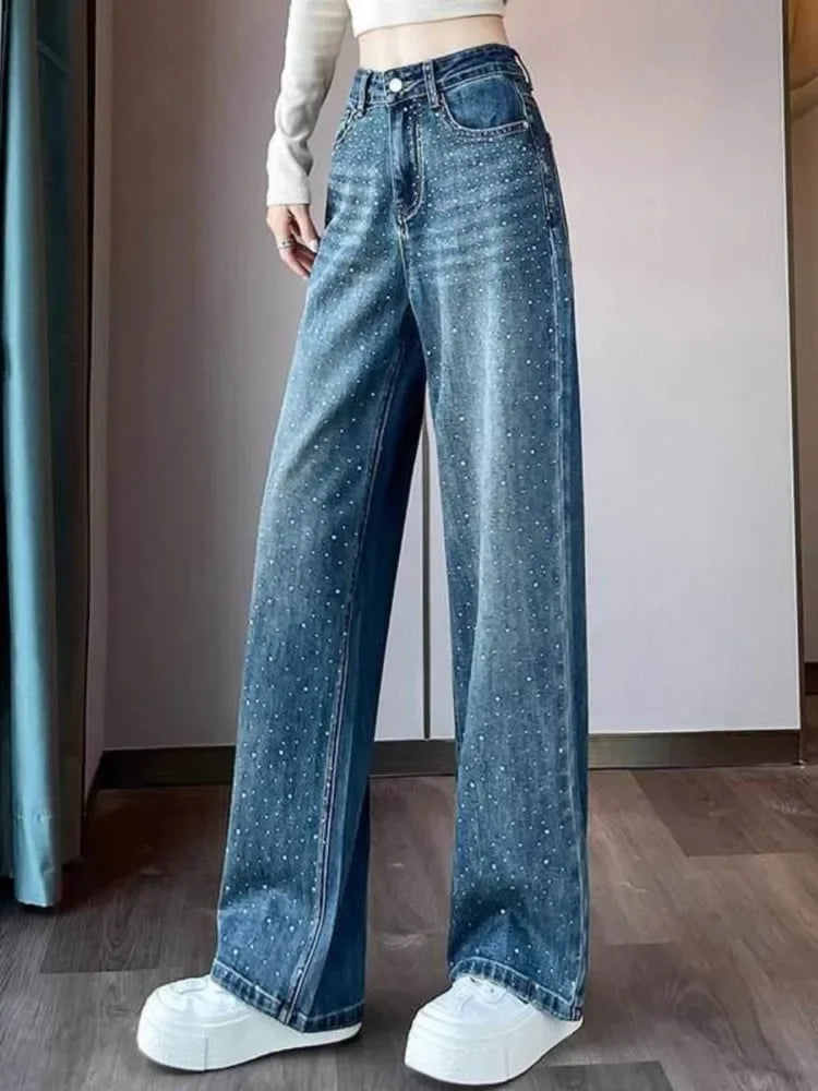 Fashion Y2K Hot Drilling Jeans High Waist Wide Leg Pants Spring