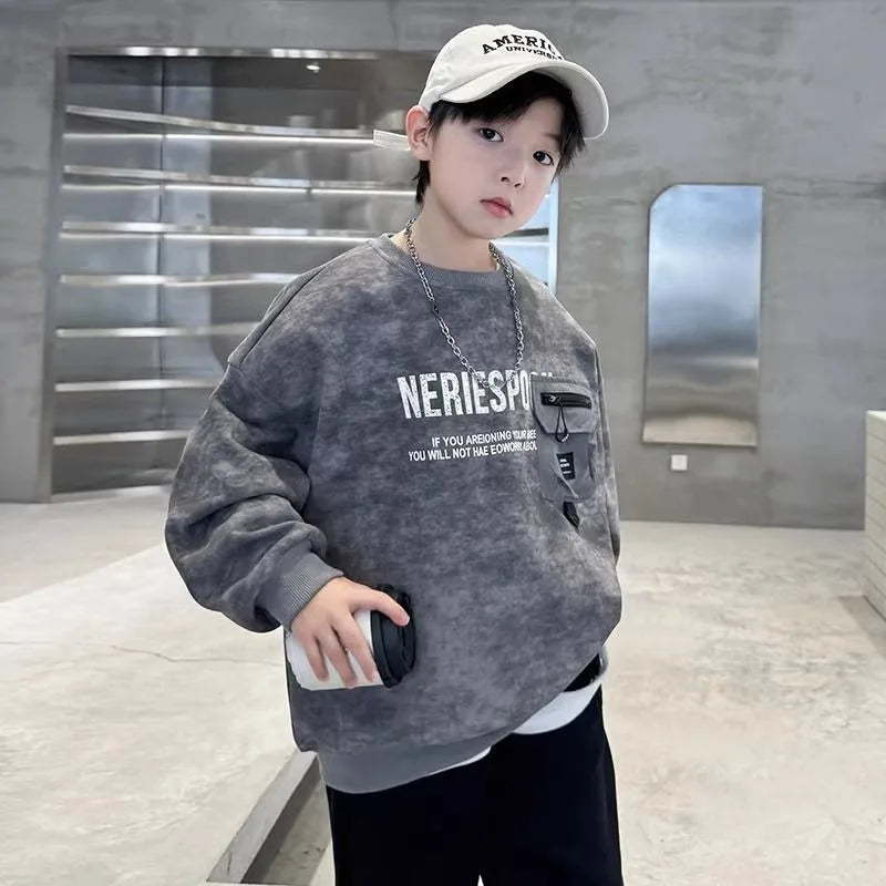 Boys' Middle/Big Kids 2025 New Spring/Autumn Long Sleeve Korean Style Edgy Loose Fit Sweatshirt Tops
