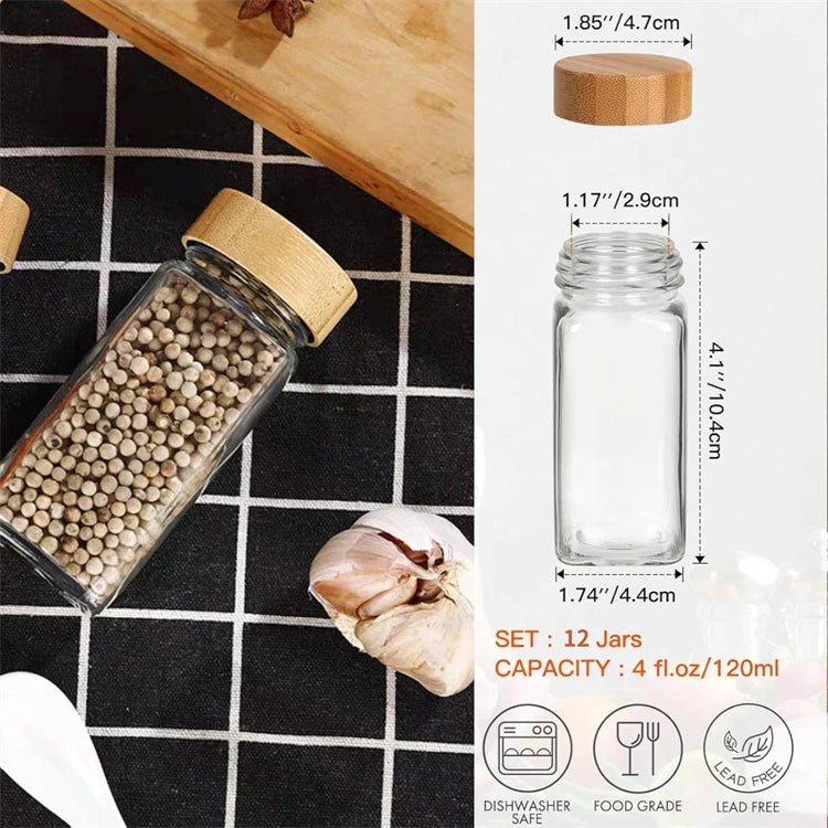 12Pcs Glass Spice Jars with Labels Kitchen Accessories 4oz Square Seasoning Containers Kitchen Salt Herbs Sugar Bottles JT510
