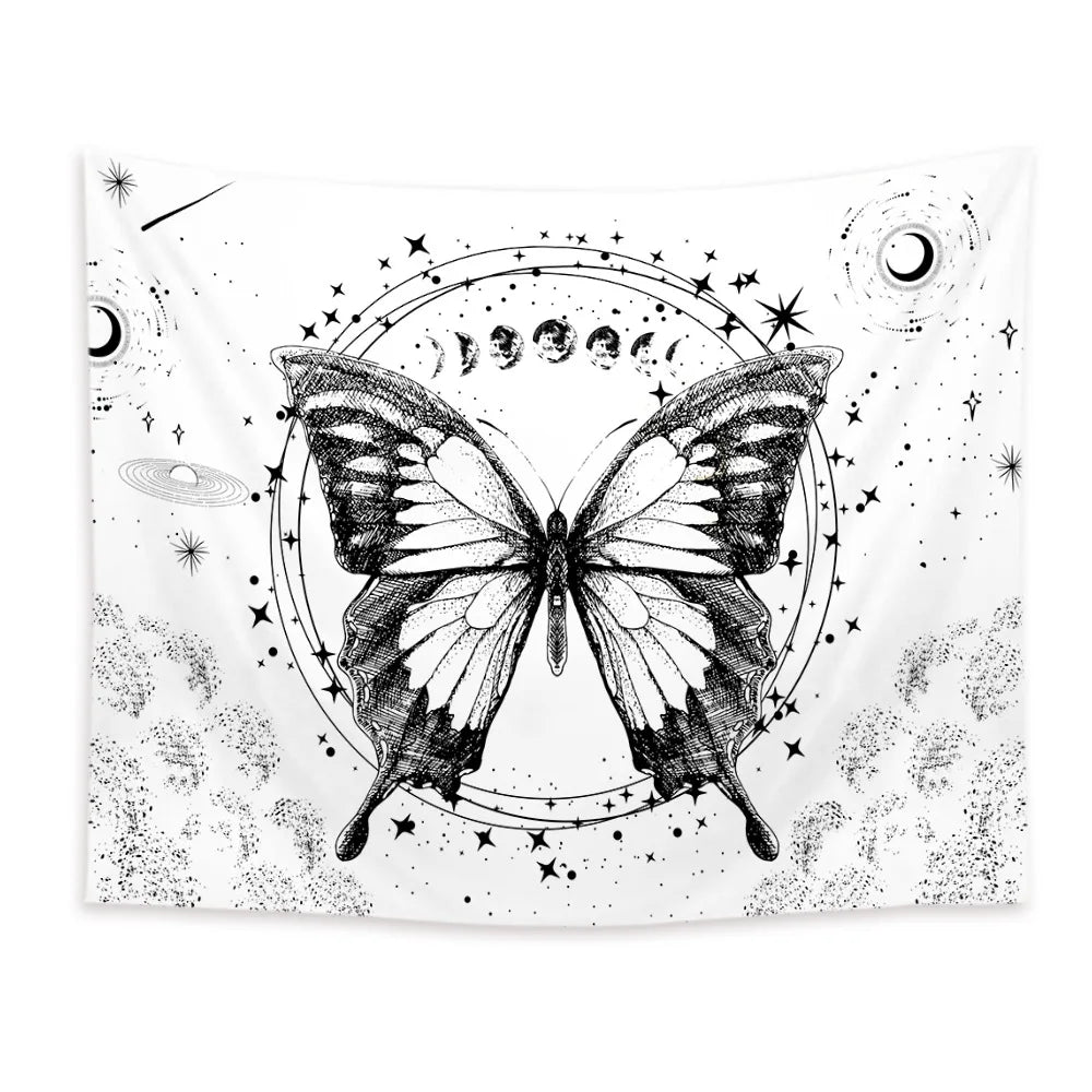Butterflies and Moths Tapestry Black and White Flower Tapestry Wall Hanging Beach Blanket Romantic Bedroom Dorm Home Decor