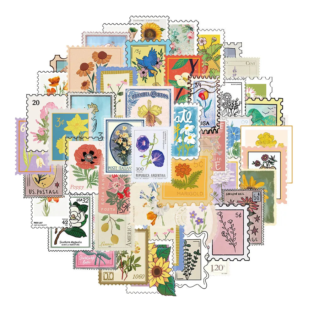 50PCS Creative Flower Stamp PET Waterproof Transparent Stickers Decorative Sunflower Flower Desktop Stickers
