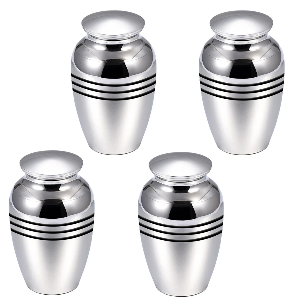 Silver Beautiful Small Mini Keepsake Urn for Human or Pet Ashes, Set of 4, Hard Metal Cremation Urns, Mini Funeral Urns