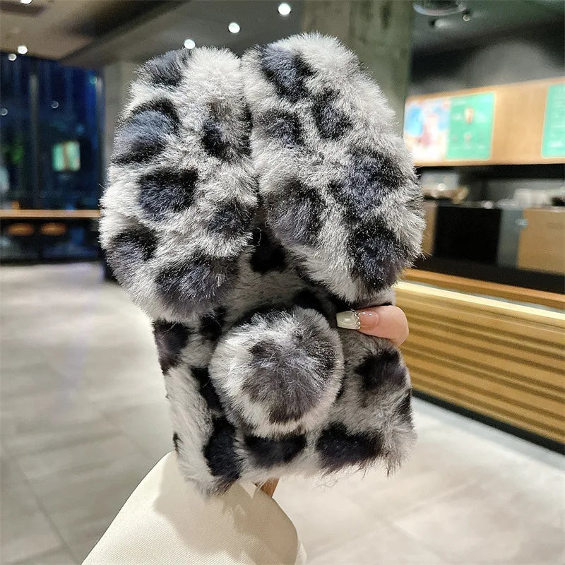 Cute Cartoon Leopard Print Bunny Fur Plush Phone Case For iPhone 17 Air 16 13 12 11 Pro Max XS XR X 7 8 Plus Shockproof Cover