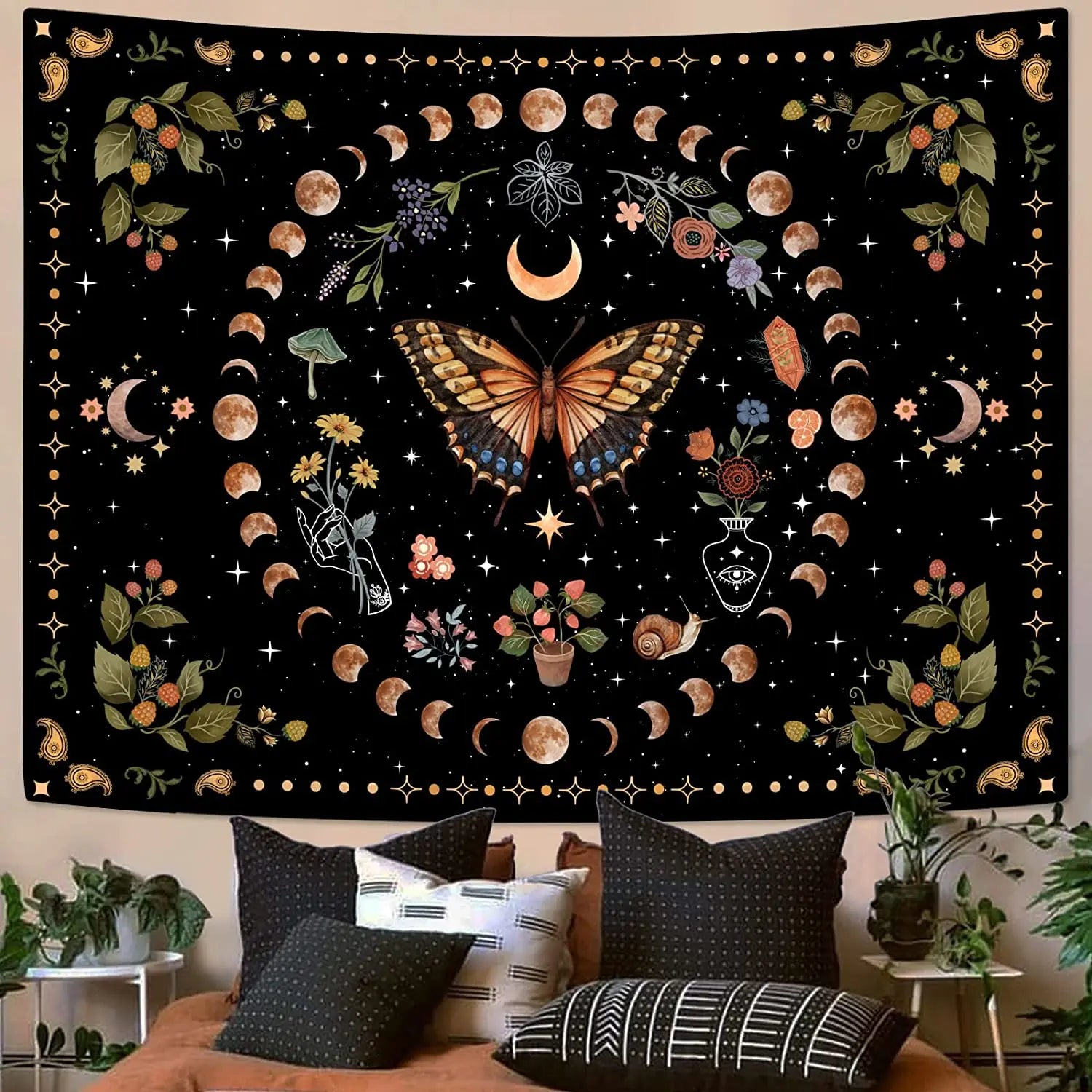Butterflies and Moths Tapestry Black and White Flower Tapestry Wall Hanging Beach Blanket Romantic Bedroom Dorm Home Decor