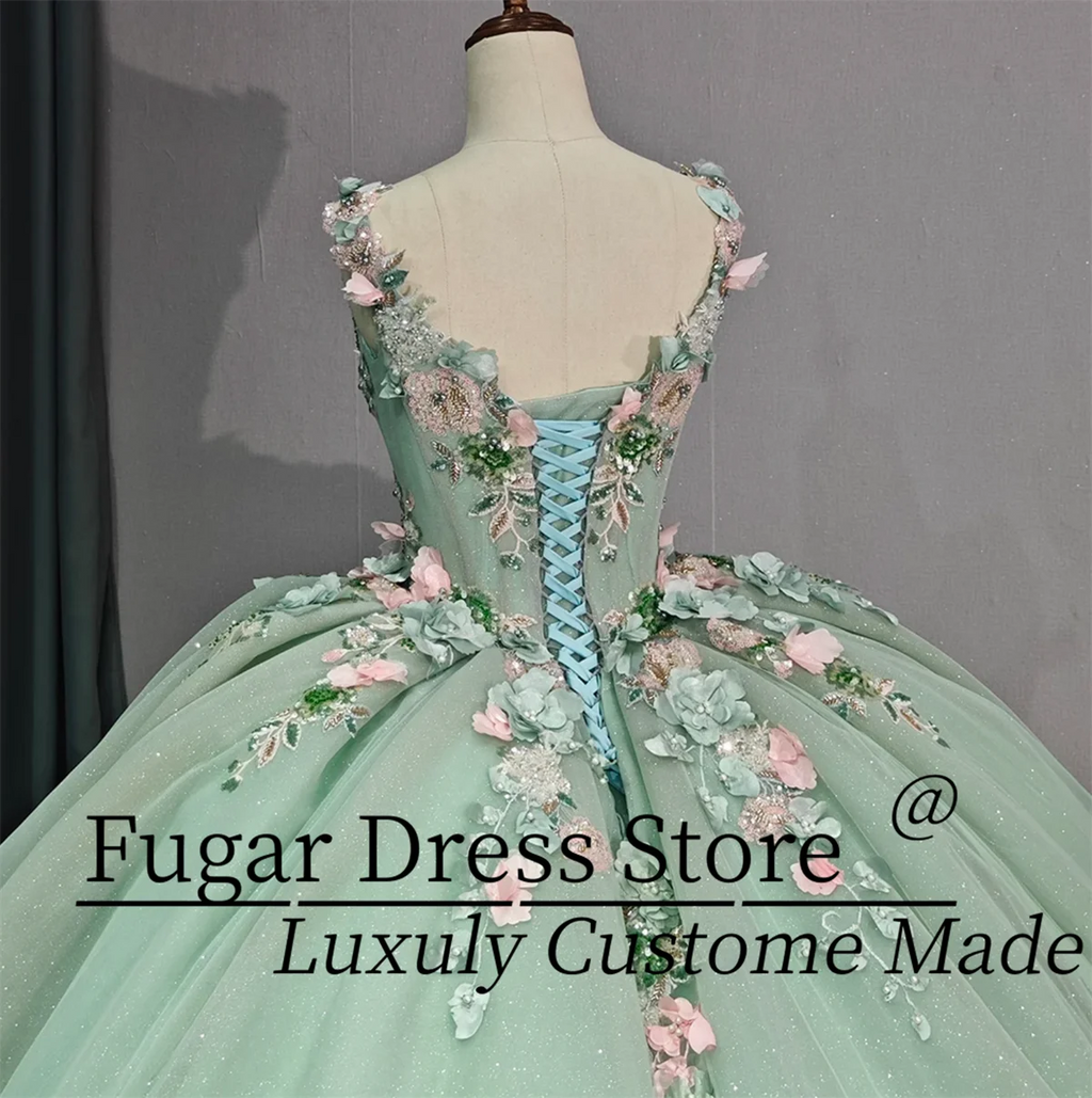 Customized Green Quinceanera Dresse 3D Flowers Sparkling Bead decorations Lace up the back Ball Gowns vestidos de 15 quinceañera
