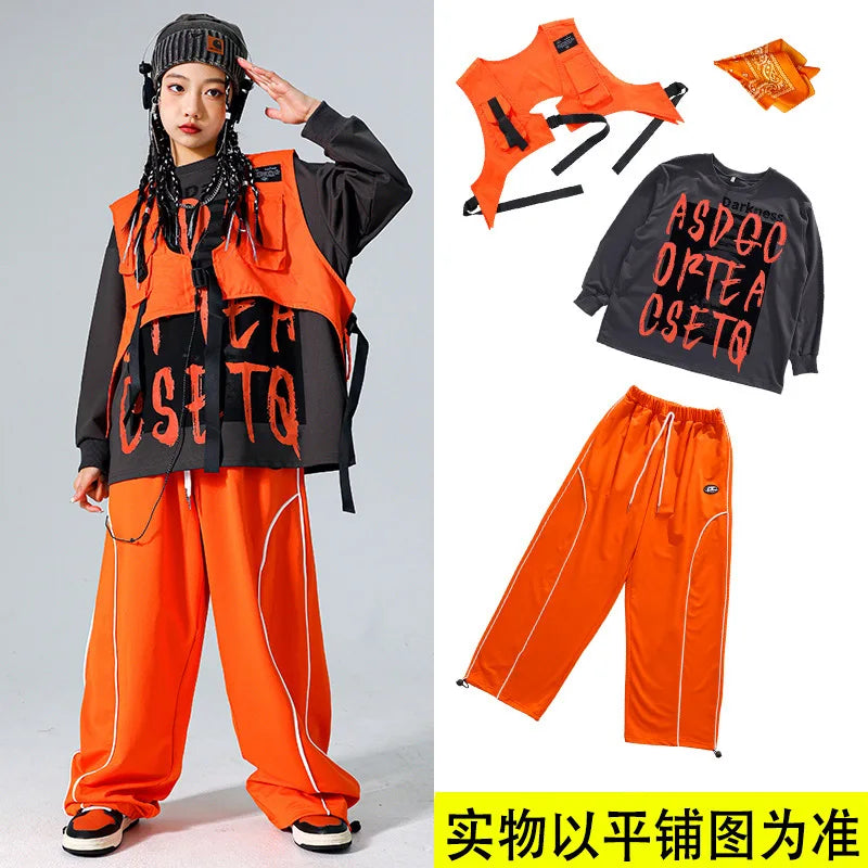 Boys Hip Hop Cool Sweatshirt Vest Cargo Pants Girls Fashion Jazz Street Dance Costume Children Clothes Set Kids K-pop Streetwear