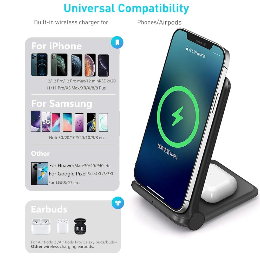 Foldable Wireless Charger 25W 2 in 1 Fast Charging Stand Pad For iPhone 15 14 13 12 11 8 XR X 8 Airpods Pro Samsung S23 S22 S21