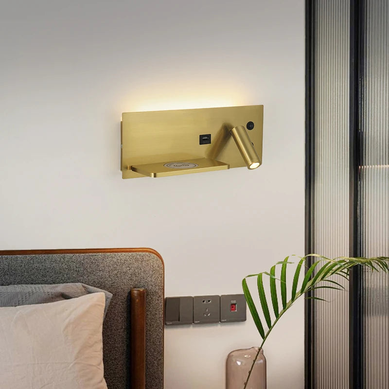 Multi Functional Wall lamp with Mobile phone Wireless charger switch USB interface Bedroom Night light LED Reading wall light