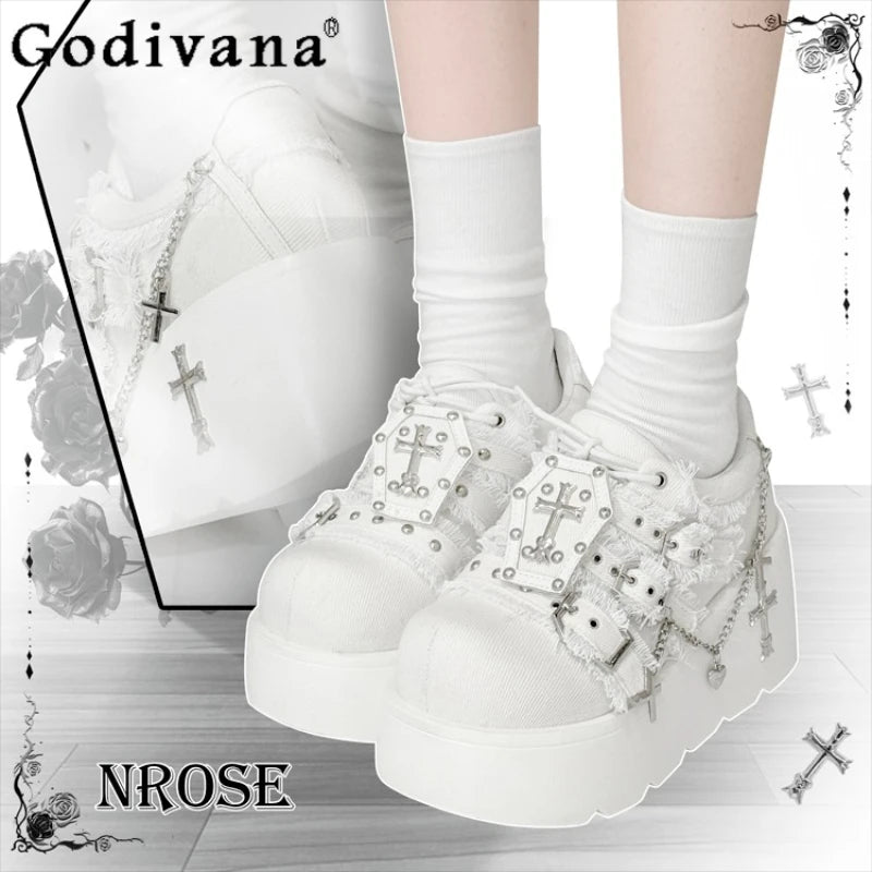 Y2K Subculture Dark Punk Style Denim Platform Muffin Shoes