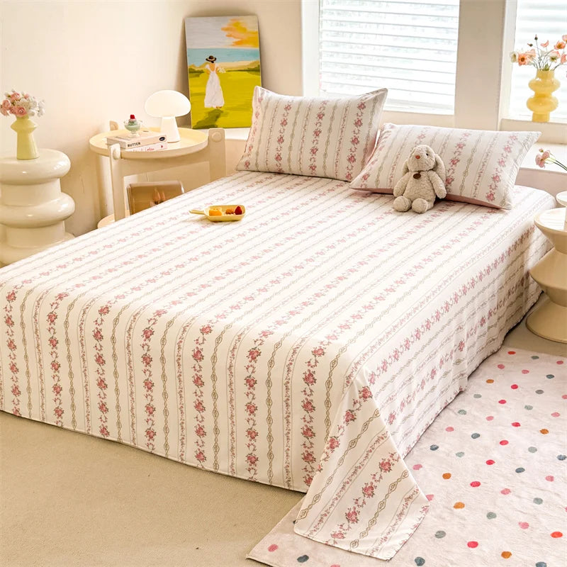 1pc Washed Cotton Flat Bed Sheets Single/Queen/King Size Bed Cover for Double Bed Flower Printed Soft Bed Sheets Top Sheets Set