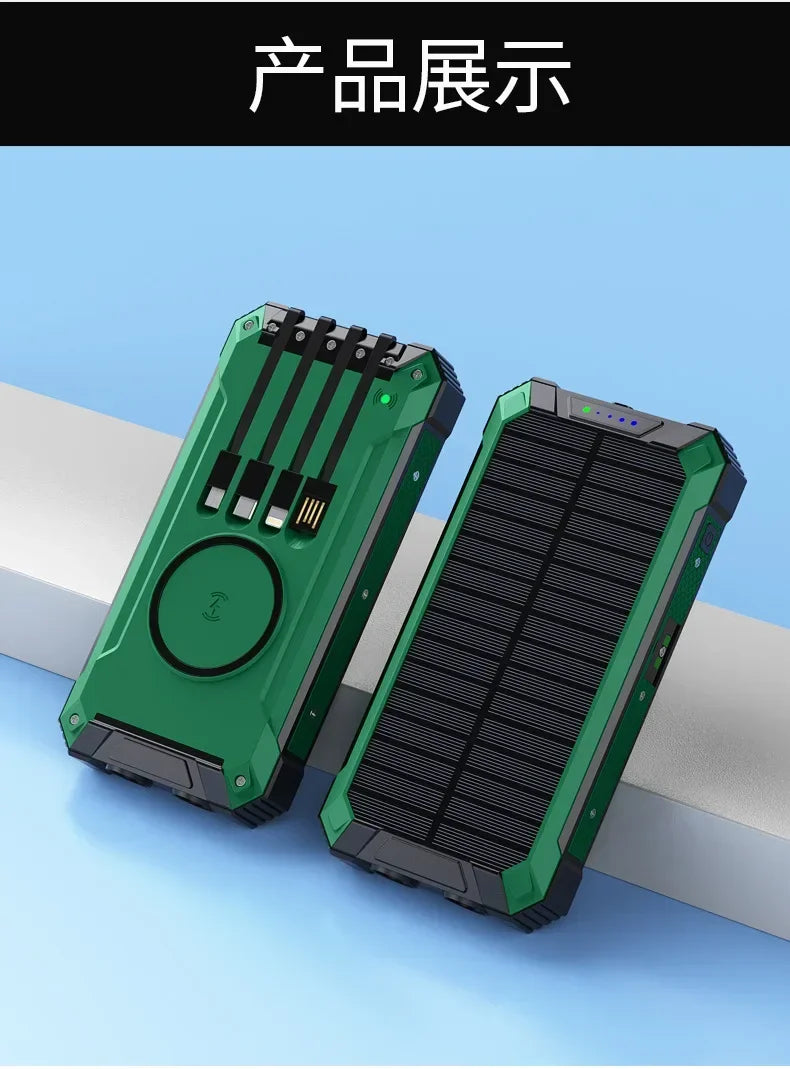 New Solar Power Bank 20000mAh Mobile Power Fast Charging Battery multifunctional With 4 Cables Wireless Charger LED Flashlight