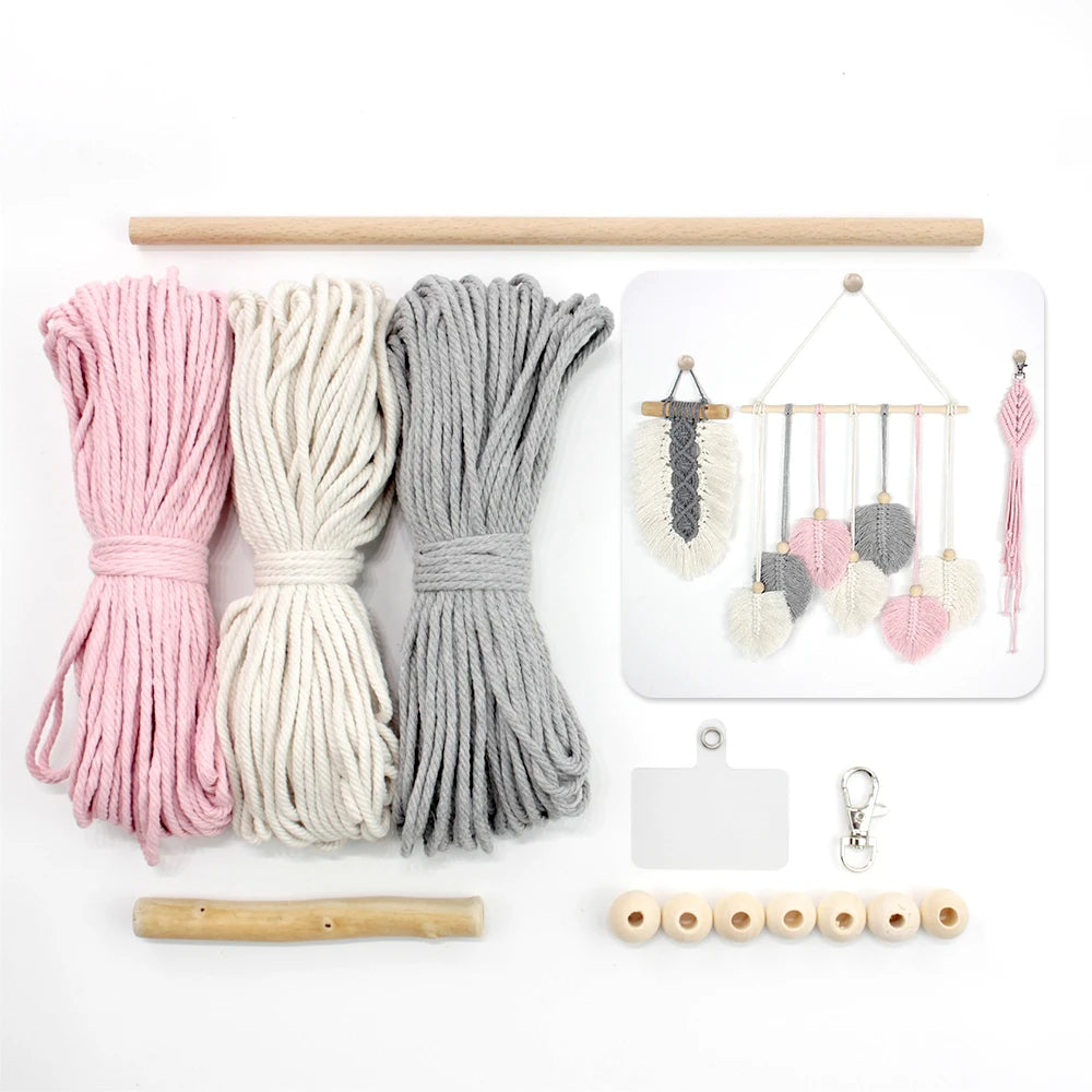 Leaf Tapestry Keychain Macrame Kit with Tutorial For Beginners Handmade DIY Key Chain Wall Hanging Knitted Kit for Home Decor
