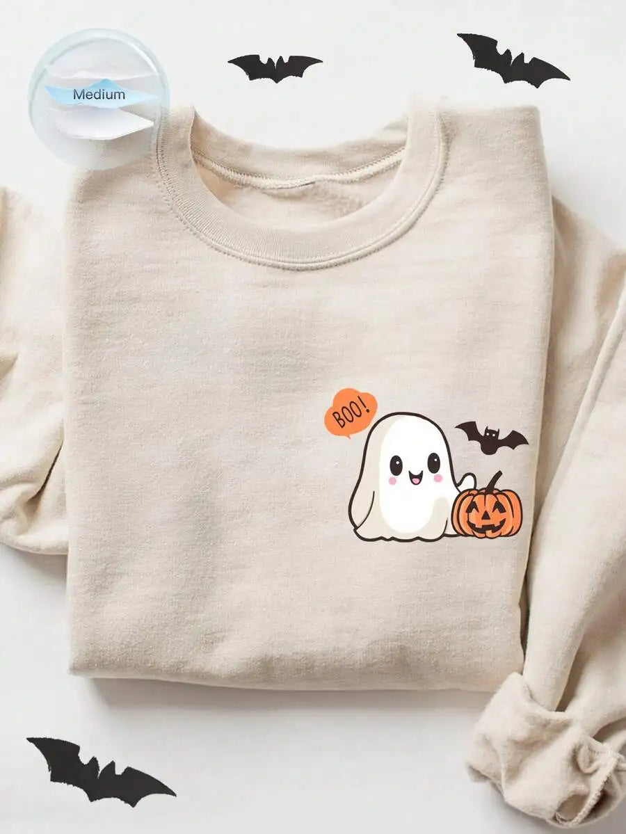 Cute Ghost Boo Sweatshirt Women Kawaii Halloween Crewneck Beige Pumpkin Graphic Pullover Fall Fleece Clothes Loose Fitting