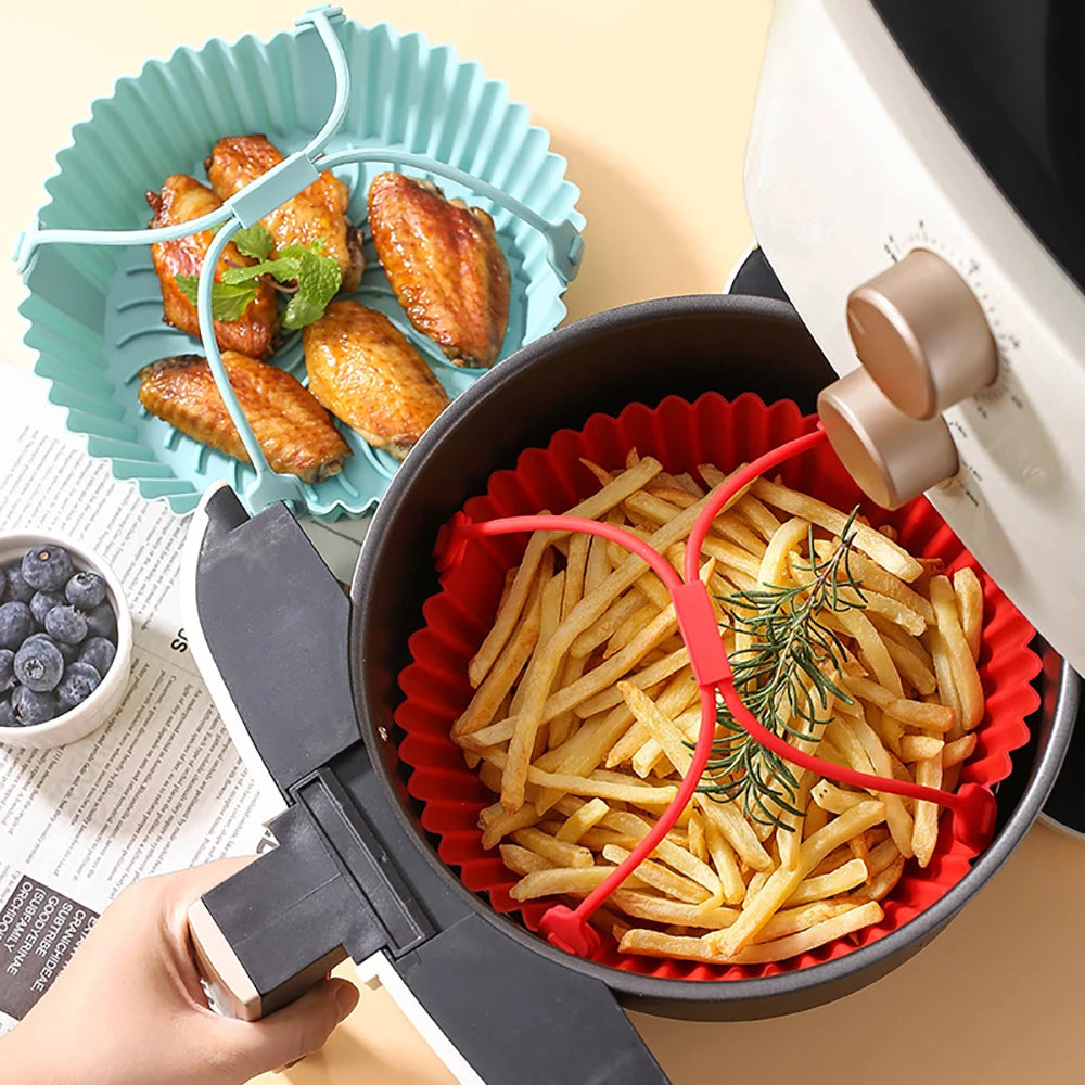 Reusable Air Fryer Baking Tray Silicone Airfryer Liner Oven Mat with Handle Basket Pizza Fried Chicken Grill Pan Mat For Kitchen